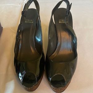 Stuart Weitzman, black patent leather sling heels, size 8 W,